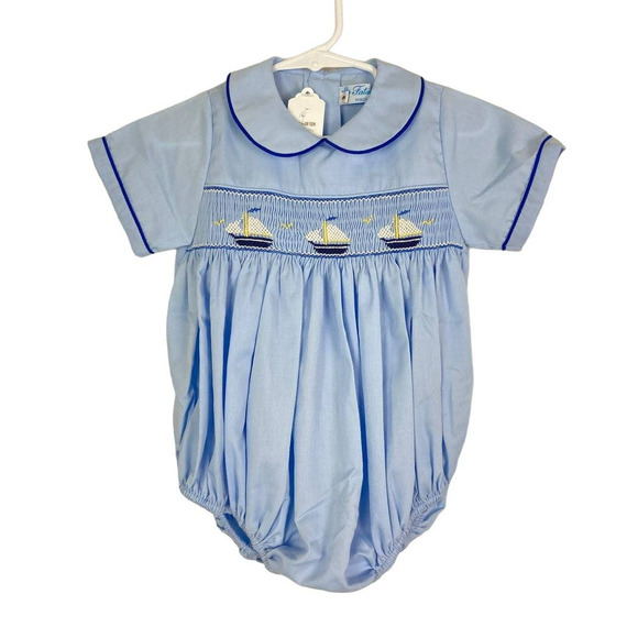 Fatima Center Other - Fatima Centre Light Blue Sailboat Baby Romper 6 months Smocked Short Sleeves